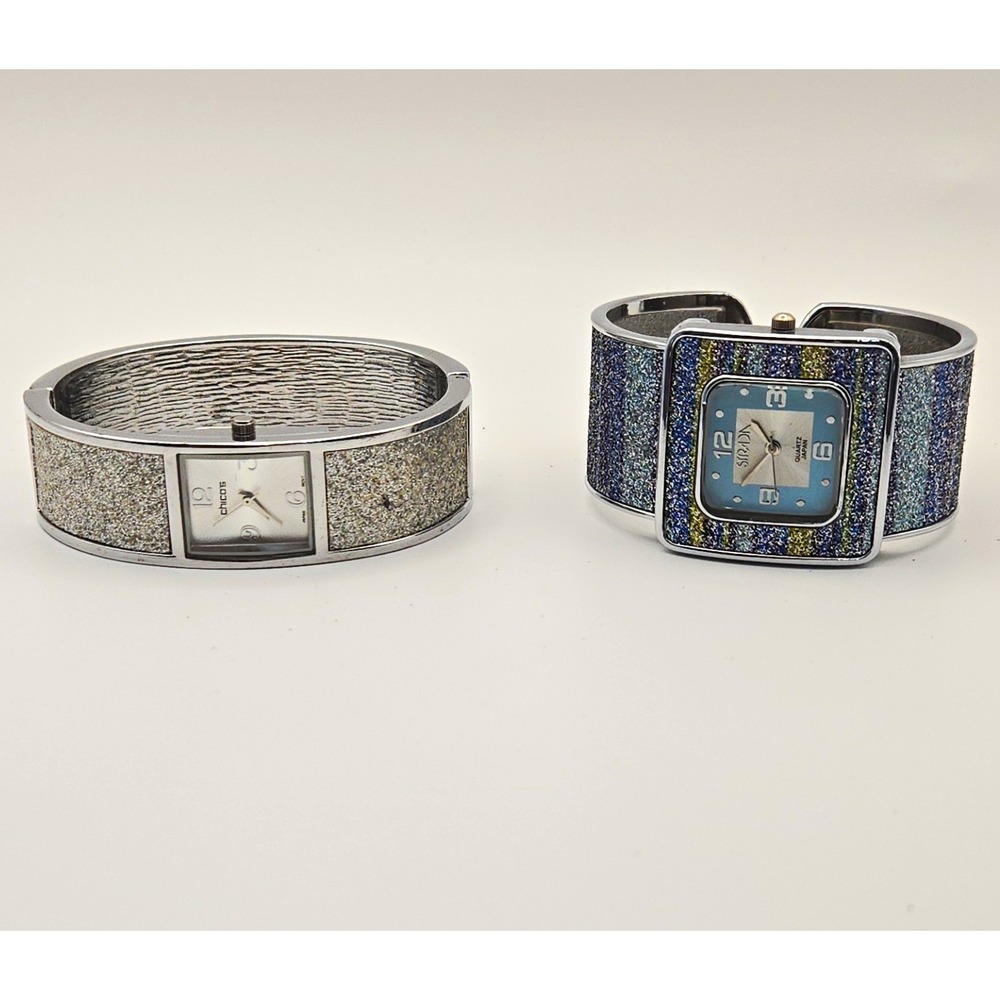 Lot of 2 Womens Quartz Cuff Watches.Blue,Yellow,Silver,Sparkle. New Batteries.